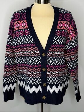 Cupcakes & Cashmere Navy and Pink Fair Isle Button Front Cardigan Sweater